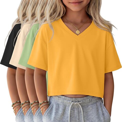 4 Pack Girls V Neck Crop Tops Short Sleeve Loose Fit T Shirts Summer Casual Cropped Top for Kids Size 5-14 Years in Saudi Arabia