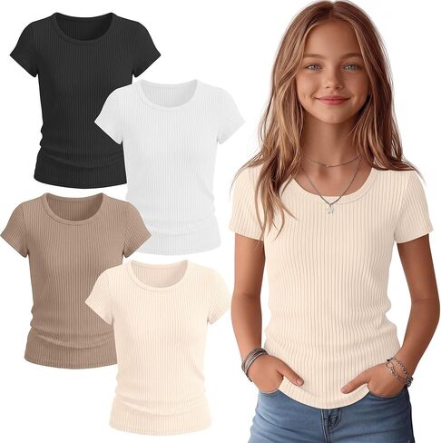 4 Pack Girls' Short Sleeve Shirts Ribbed Knit Scoop Neck T-Shirts Basic Slim Fit Casual Summer Kids Tops in Saudi Arabia