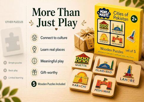 Wooden Montessori Puzzle Set, 5-Piece Educational Toy for Toddlers Ages 2–5, Pakistan Landmarks Puzzle for Cultural Learning, Fine Motor Skills, Screen-Free Play, Toddler Gift in Kuwait