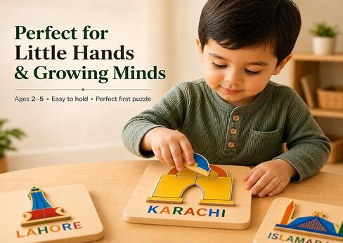 Wooden Montessori Puzzle Set, 5-Piece Educational Toy for Toddlers Ages 2–5, Pakistan Landmarks Puzzle for Cultural Learning, Fine Motor Skills, Screen-Free Play, Toddler Gift in Kuwait