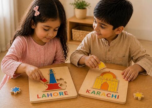 Wooden Montessori Puzzle Set, 5-Piece Educational Toy for Toddlers Ages 2–5, Pakistan Landmarks Puzzle for Cultural Learning, Fine Motor Skills, Screen-Free Play, Toddler Gift in Kuwait