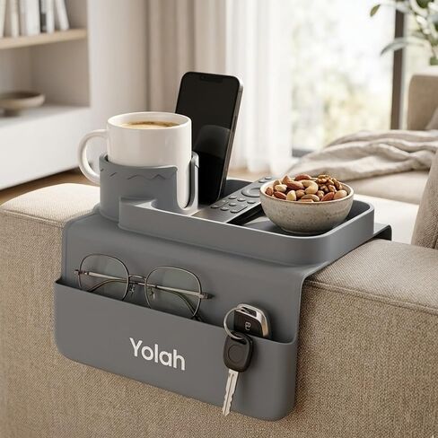 YOLAH Couch Cup Holder for Sofa Armrest, Silicone Couch Caddy Organizer Tray with Cup Holder, Remote Control & Phone Holder, Non-Slip Sofa Armrest Tray for Drinks, Snacks, Heat Resistant (Gray) in Saudi Arabia