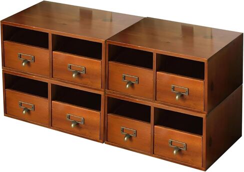 4-Pack Wide Wooden Desktop Drawer Organizer with Brass Label Holders - Horizontal Storage for Long Desks, Counters, Shelves, Stackable Card Catalog - Solid Wood Small Item Organizer for Office & Home in Saudi Arabia