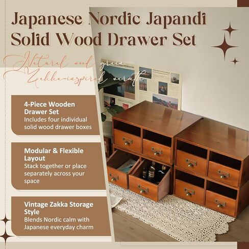 4-Pack Wide Wooden Desktop Drawer Organizer with Brass Label Holders - Horizontal Storage for Long Desks, Counters, Shelves, Stackable Card Catalog - Solid Wood Small Item Organizer for Office & Home in Saudi Arabia