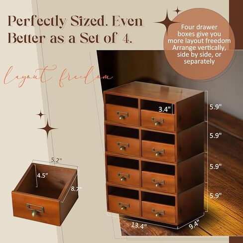 4-Pack Wide Wooden Desktop Drawer Organizer with Brass Label Holders - Horizontal Storage for Long Desks, Counters, Shelves, Stackable Card Catalog - Solid Wood Small Item Organizer for Office & Home in Saudi Arabia