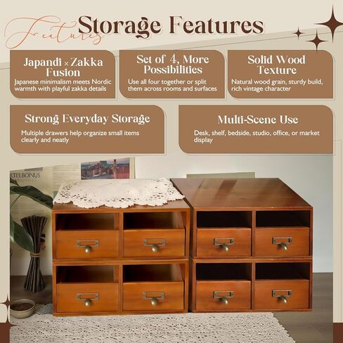 4-Pack Wide Wooden Desktop Drawer Organizer with Brass Label Holders - Horizontal Storage for Long Desks, Counters, Shelves, Stackable Card Catalog - Solid Wood Small Item Organizer for Office & Home in Saudi Arabia