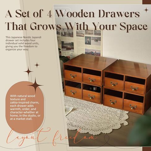 4-Pack Wide Wooden Desktop Drawer Organizer with Brass Label Holders - Horizontal Storage for Long Desks, Counters, Shelves, Stackable Card Catalog - Solid Wood Small Item Organizer for Office & Home in Saudi Arabia