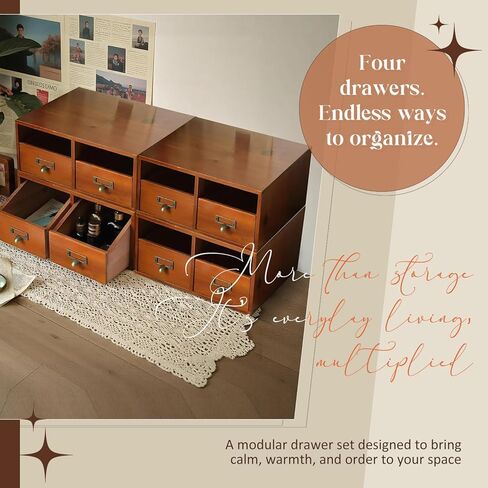 4-Pack Wide Wooden Desktop Drawer Organizer with Brass Label Holders - Horizontal Storage for Long Desks, Counters, Shelves, Stackable Card Catalog - Solid Wood Small Item Organizer for Office & Home in Saudi Arabia