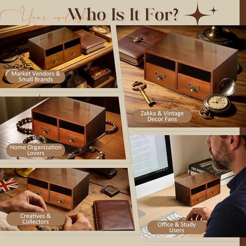 4-Pack Wide Wooden Desktop Drawer Organizer with Brass Label Holders - Horizontal Storage for Long Desks, Counters, Shelves, Stackable Card Catalog - Solid Wood Small Item Organizer for Office & Home in Saudi Arabia