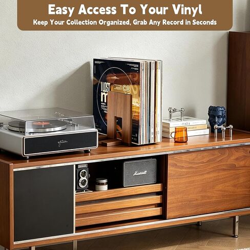 QUALLON Adjustable Vinyl Record Holder Solid Acacia Wood, 20–60 LP Upright Storage Stand with Now Playing Display, Modern Wooden Vinyl Record Storage Organizer for Home Desktop Office in Saudi Arabia