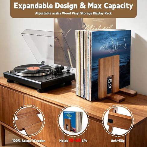 QUALLON Adjustable Vinyl Record Holder Solid Acacia Wood, 20–60 LP Upright Storage Stand with Now Playing Display, Modern Wooden Vinyl Record Storage Organizer for Home Desktop Office in Saudi Arabia
