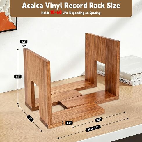 QUALLON Adjustable Vinyl Record Holder Solid Acacia Wood, 20–60 LP Upright Storage Stand with Now Playing Display, Modern Wooden Vinyl Record Storage Organizer for Home Desktop Office in Saudi Arabia