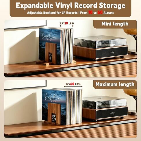 QUALLON Adjustable Vinyl Record Holder Solid Acacia Wood, 20–60 LP Upright Storage Stand with Now Playing Display, Modern Wooden Vinyl Record Storage Organizer for Home Desktop Office in Saudi Arabia