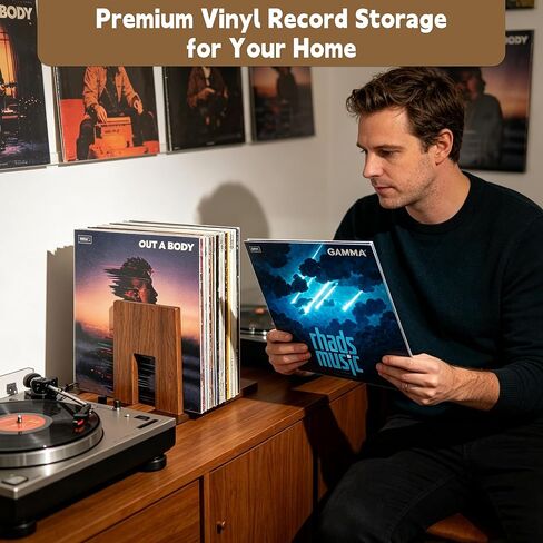 QUALLON Adjustable Vinyl Record Holder Solid Acacia Wood, 20–60 LP Upright Storage Stand with Now Playing Display, Modern Wooden Vinyl Record Storage Organizer for Home Desktop Office in Saudi Arabia