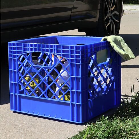 2 Pack Milk Crate, Durable Stackable Plastic Storage Bin with Open Grid Design & Built-In Handles for Home, Office & Garage, 16 Qt, Blue in Saudi Arabia