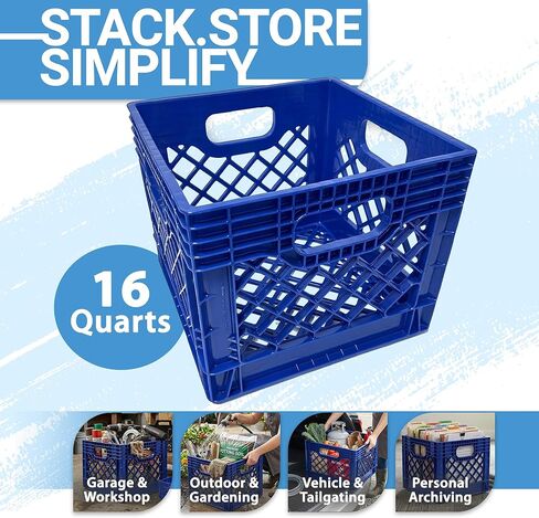 2 Pack Milk Crate, Durable Stackable Plastic Storage Bin with Open Grid Design & Built-In Handles for Home, Office & Garage, 16 Qt, Blue in Saudi Arabia