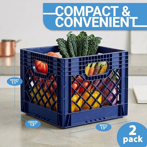 2 Pack Milk Crate, Durable Stackable Plastic Storage Bin with Open Grid Design & Built-In Handles for Home, Office & Garage, 16 Qt, Blue in Saudi Arabia
