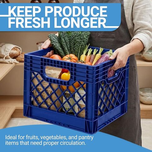 2 Pack Milk Crate, Durable Stackable Plastic Storage Bin with Open Grid Design & Built-In Handles for Home, Office & Garage, 16 Qt, Blue in Saudi Arabia