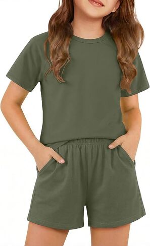 Arshiner Girls 2 Piece Outfits Summer Clothes Fashion Short Sleeve Pullover Tops and Shorts with Pockets Kids Clothing Set in Saudi Arabia