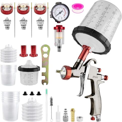 LVLP Automotive Paint Spray Gun R500 Kit, 1.3/1.5/1.7mm Nozzles LVLP Spray Gun with 650ml/200ml Mixing Cup & 10x Disposable Cups& Air Regulator Set, for House Painting, Car, Furniture, Fence in Saudi Arabia