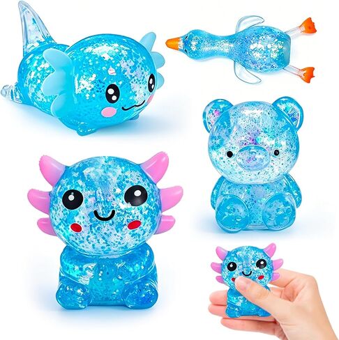4 Pack Sugar Squishy, Squishy Fidget Toys Glitter Squeeze Toys , Stress Relief Sensory Toy Bear Axolotl & Duck Squishy Toys, Gel Stress Balls for Adults & Kids, Birthday Gifts Party Favors in Saudi Arabia