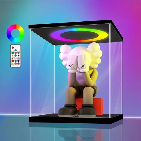 LANSCOERY Acrylic Display Case 9.8x7.9x15.8 in, 10mm Base, RGB Ring Light, 3mm Clear Panels, Front Door for Action Figures and Models in Saudi Arabia