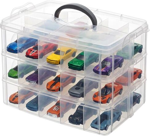 3-Tier 1/64 Scale Toy Car Storage Case with Carrying Handle Portable Transparent Storage Case Compatible with Matchbox Car Hot Wheels 30 Transparent Compartments Organizer for 30 Toy Cars in Saudi Arabia