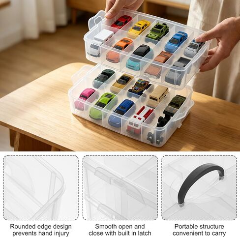 3-Tier 1/64 Scale Toy Car Storage Case with Carrying Handle Portable Transparent Storage Case Compatible with Matchbox Car Hot Wheels 30 Transparent Compartments Organizer for 30 Toy Cars in Saudi Arabia