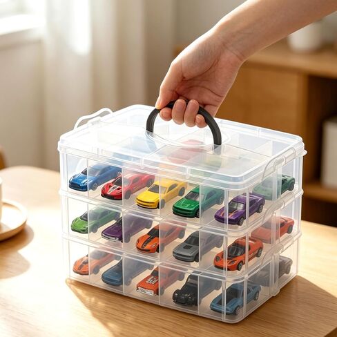 3-Tier 1/64 Scale Toy Car Storage Case with Carrying Handle Portable Transparent Storage Case Compatible with Matchbox Car Hot Wheels 30 Transparent Compartments Organizer for 30 Toy Cars in Saudi Arabia
