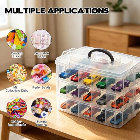 3-Tier 1/64 Scale Toy Car Storage Case with Carrying Handle Portable Transparent Storage Case Compatible with Matchbox Car Hot Wheels 30 Transparent Compartments Organizer for 30 Toy Cars in Saudi Arabia