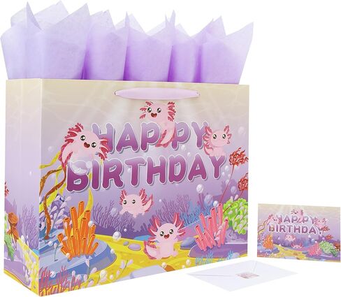 Wishinside 16.5 بوصة مجموعة حقيبة هدايا عيد ميلاد سعيد Axolotl كبيرة جدًا مع مقابض وبطاقة تهنئة وأوراق مناديل أرجوانية وملصقات للفتيات والأطفال والنساء والمراهقين وحفلات أعياد الميلاد، تصميم بطابع المحيط، قطعة واحدة in Kuwait
