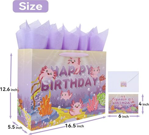 Wishinside 16.5 بوصة مجموعة حقيبة هدايا عيد ميلاد سعيد Axolotl كبيرة جدًا مع مقابض وبطاقة تهنئة وأوراق مناديل أرجوانية وملصقات للفتيات والأطفال والنساء والمراهقين وحفلات أعياد الميلاد، تصميم بطابع المحيط، قطعة واحدة in Kuwait