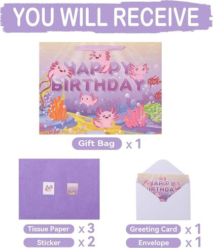 Wishinside 16.5 بوصة مجموعة حقيبة هدايا عيد ميلاد سعيد Axolotl كبيرة جدًا مع مقابض وبطاقة تهنئة وأوراق مناديل أرجوانية وملصقات للفتيات والأطفال والنساء والمراهقين وحفلات أعياد الميلاد، تصميم بطابع المحيط، قطعة واحدة in Kuwait