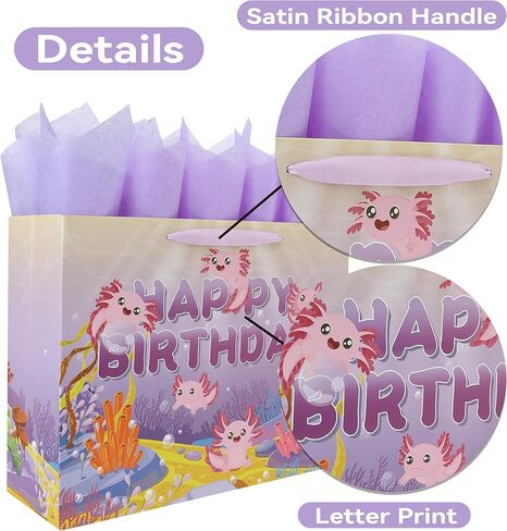 Wishinside 16.5 بوصة مجموعة حقيبة هدايا عيد ميلاد سعيد Axolotl كبيرة جدًا مع مقابض وبطاقة تهنئة وأوراق مناديل أرجوانية وملصقات للفتيات والأطفال والنساء والمراهقين وحفلات أعياد الميلاد، تصميم بطابع المحيط، قطعة واحدة in Kuwait