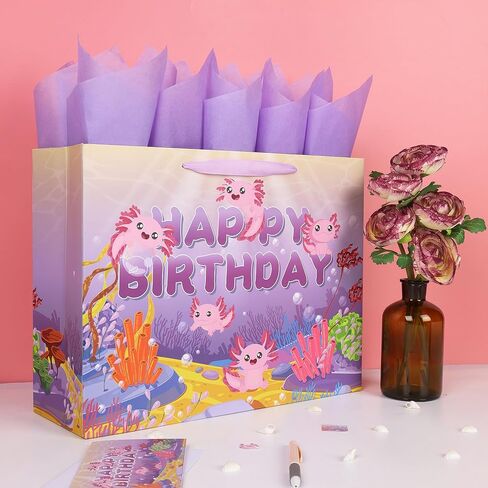 Wishinside 16.5 بوصة مجموعة حقيبة هدايا عيد ميلاد سعيد Axolotl كبيرة جدًا مع مقابض وبطاقة تهنئة وأوراق مناديل أرجوانية وملصقات للفتيات والأطفال والنساء والمراهقين وحفلات أعياد الميلاد، تصميم بطابع المحيط، قطعة واحدة in Kuwait