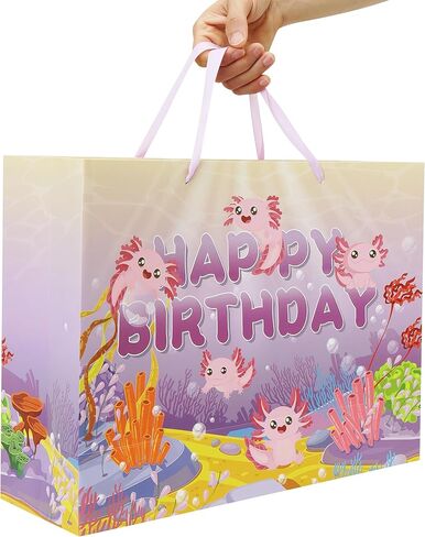 Wishinside 16.5 بوصة مجموعة حقيبة هدايا عيد ميلاد سعيد Axolotl كبيرة جدًا مع مقابض وبطاقة تهنئة وأوراق مناديل أرجوانية وملصقات للفتيات والأطفال والنساء والمراهقين وحفلات أعياد الميلاد، تصميم بطابع المحيط، قطعة واحدة in Kuwait