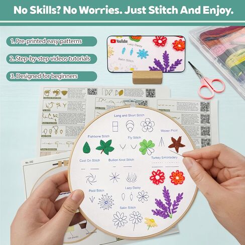 CLRDIVA First Embroidery Kit for Beginners: Pre-Printed Needlepoint Starter Kits with Complete Tools & Step-By-Step Videos Guide - Zero Stress to Learn 31 Stitches - Adults Relaxing DIY Craft Hobby in Saudi Arabia
