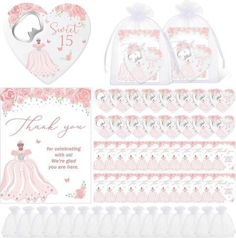 Maxcheck 25 Set Quinceanera Party Favor Gifts for Guests Rose Heart Shaped Bottle Opener Sweet 15 Fridge Magnet Thank You Card Quinceanera Party Guest Gift Souvenir for Girls 15 Years Birthday (Pink) in Saudi Arabia