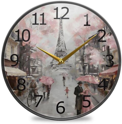 ALAZA Paris Eiffel Tower Couple Pink Floral Acrylic Painted Silent Non-Ticking Round Wall Clock, 9.5 Inch Battery Operated Quiet Desk Clock Home Art Bedroom Living Dorm Room Office School Decor in Saudi Arabia