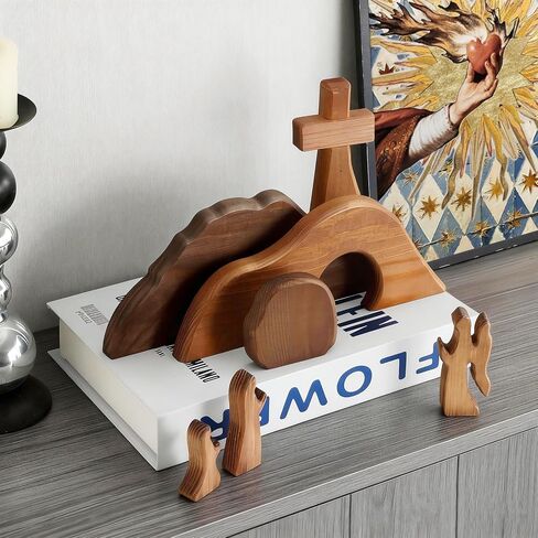The Empty Tomb Easter Scene Set - 7-Piece, Christian Cross Decorations, Decorations Religious Jesus Tomb Easter Kit Display for The Home, Tabletop, Office - Wooden (Warm-Brown) in Saudi Arabia