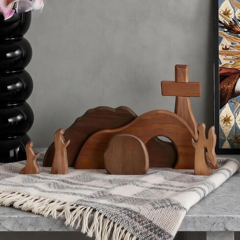 The Empty Tomb Easter Scene Set - 7-Piece, Christian Cross Decorations, Decorations Religious Jesus Tomb Easter Kit Display for The Home, Tabletop, Office - Wooden (Warm-Brown) in Saudi Arabia
