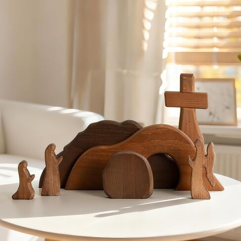 The Empty Tomb Easter Scene Set - 7-Piece, Christian Cross Decorations, Decorations Religious Jesus Tomb Easter Kit Display for The Home, Tabletop, Office - Wooden (Warm-Brown) in Saudi Arabia