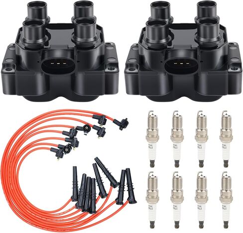 Set of 2 Ignition Coil and 8 Platinum Spark Plug with Wire Set Compatible with Ford 1997 1998 1999 F-150 F-250 Expedition Crown Victoria Grand Marquis Town Car 4.6L V8 Replacement for FD487 in Saudi Arabia
