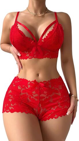 Lilosy Sexy Strappy High Waist Floral Lace Pajamas Lingerie Set in Kuwait