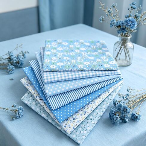 7 PCS Cotton Craft Fabric Bundle, Floral Dot Pattern Patchwork Squares Set, DIY Sewing Scrapbooking Quilting Fabric for Creative Crafts (Blue) in Kuwait