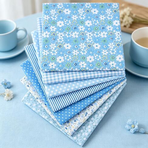 7 PCS Cotton Craft Fabric Bundle, Floral Dot Pattern Patchwork Squares Set, DIY Sewing Scrapbooking Quilting Fabric for Creative Crafts (Blue) in Kuwait