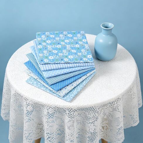 7 PCS Cotton Craft Fabric Bundle, Floral Dot Pattern Patchwork Squares Set, DIY Sewing Scrapbooking Quilting Fabric for Creative Crafts (Blue) in Kuwait
