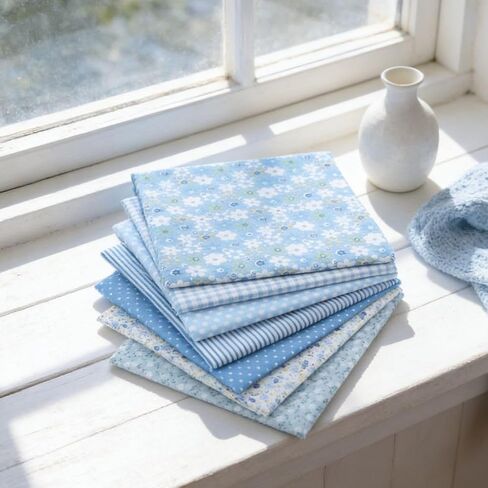 7 PCS Cotton Craft Fabric Bundle, Floral Dot Pattern Patchwork Squares Set, DIY Sewing Scrapbooking Quilting Fabric for Creative Crafts (Blue) in Kuwait