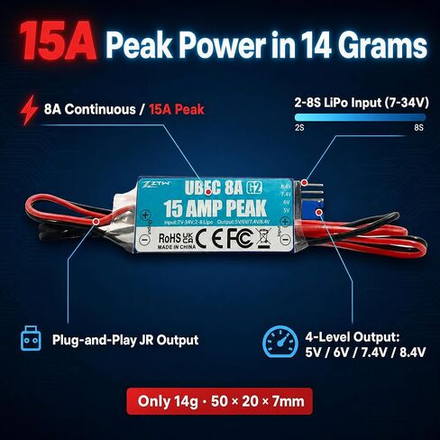 ZTW UBEC 8A G2 External BEC 2-8S LiPo (7-34V) 15A Peak Adjustable Output 5.0V/6.0V/7.4V/8.4V for RC Airplane Helicopter FPV Car Boat in Saudi Arabia