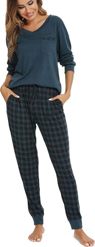 Vlazom Women's Pajama Set 2 Pieces Soft Sleepwear Set Warm Long Sleeve Sweatshirt and Long Plaid Pants with Pockets S-XXL in Saudi Arabia